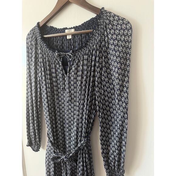 Caslon Navy Blue Ditsy Floral Midi 3/4 Sleeve Belted Dress Size X Small - Picture 9 of 11